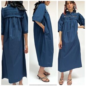 Elegant Blue Midi Dress V.DE.VINSTER BIRDY DRESS Size M EUC 50” length cotton
